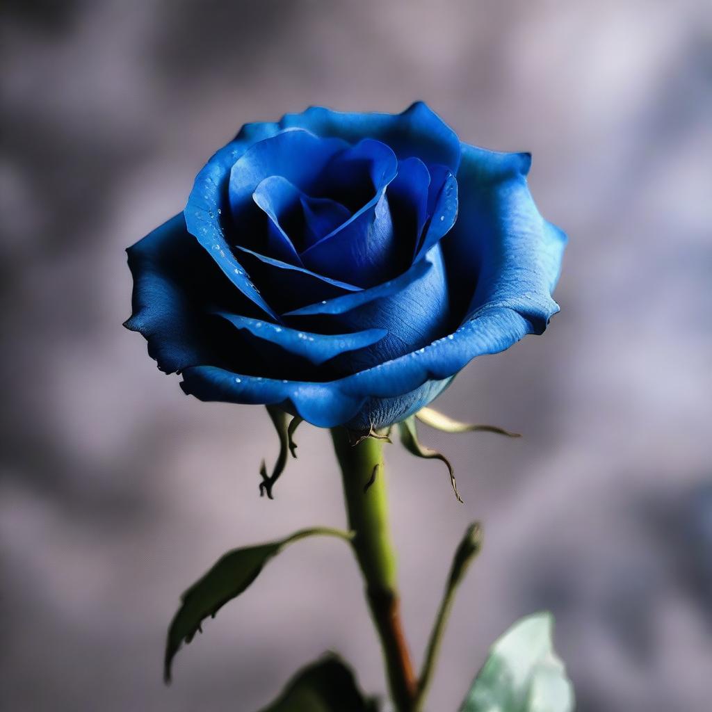A detailed image of a blue rose that has wilted and died, with petals falling off and a dried, withered stem
