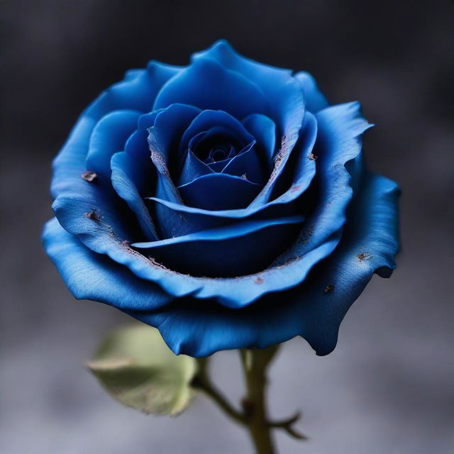 A detailed image of a blue rose that has wilted and died, with petals falling off and a dried, withered stem