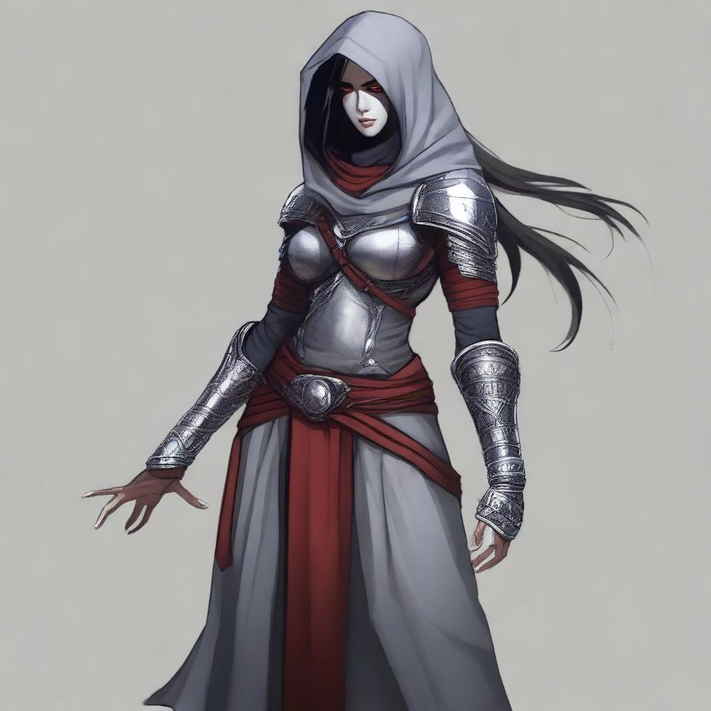 A grey-skinned genasi with red eyes and long black hair