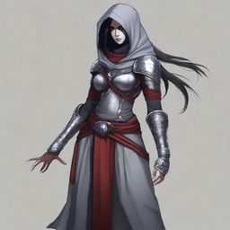 A grey-skinned genasi with red eyes and long black hair