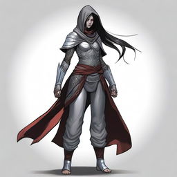 A grey-skinned genasi with red eyes and long black hair