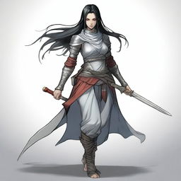 A thin grey-skinned genasi with red eyes and long black hair tied in a ponytail that pokes out of the back of her hood