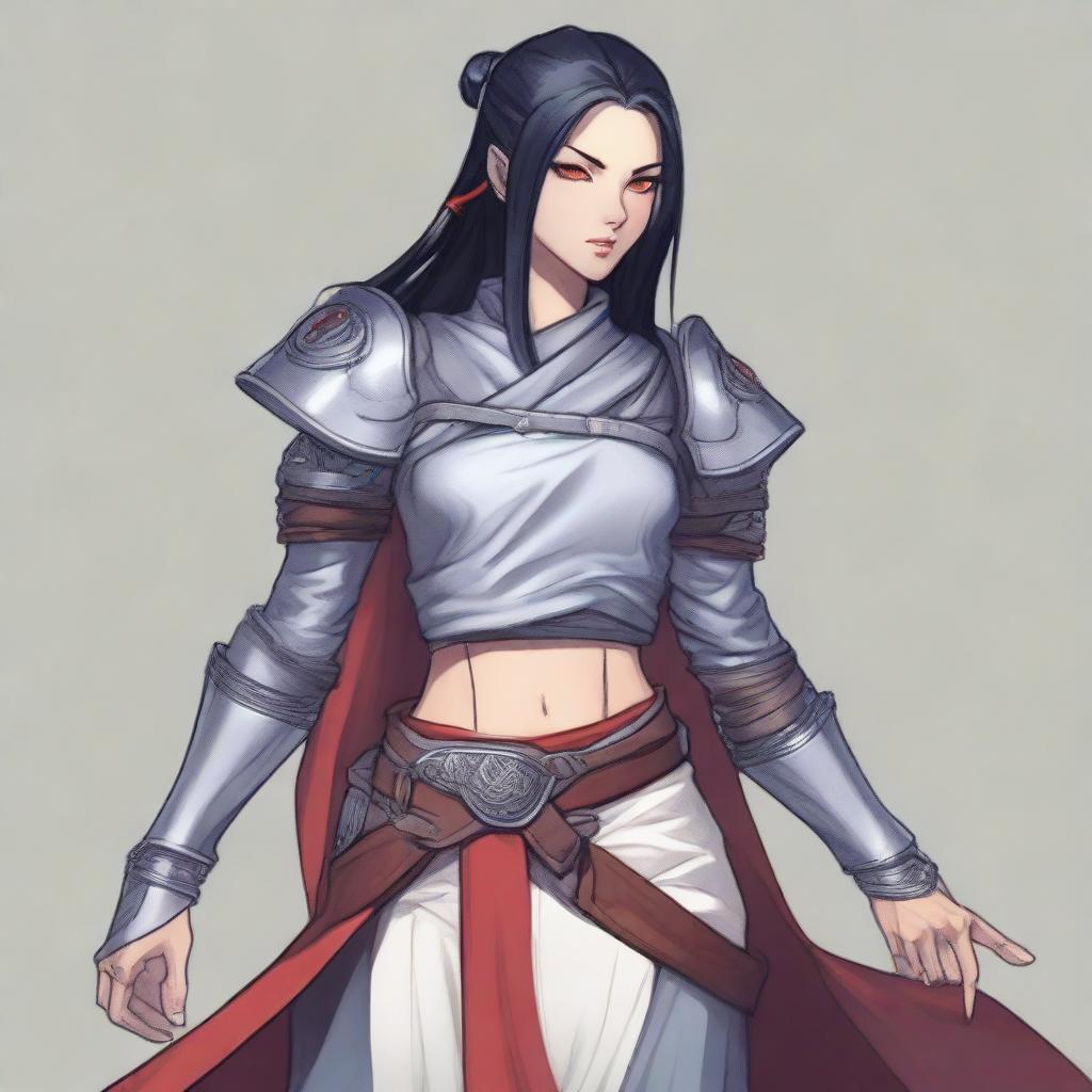 A thin grey-skinned genasi with red eyes and long black hair tied in a ponytail that pokes out of the back of her hood