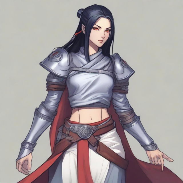 A thin grey-skinned genasi with red eyes and long black hair tied in a ponytail that pokes out of the back of her hood