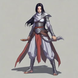 A thin grey-skinned genasi with red eyes and long black hair tied in a ponytail that pokes out of the back of her hood