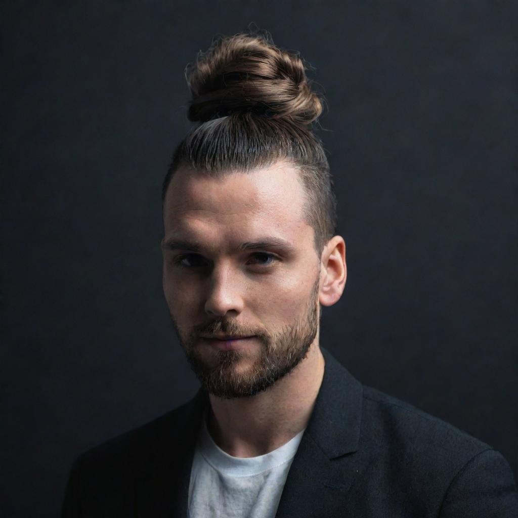 A man with a stylish bun hairstyle posed against a dark, dramatic background