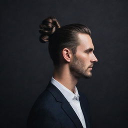 A man with a stylish bun hairstyle posed against a dark, dramatic background