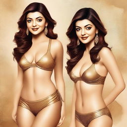 A detailed and glamorous illustration of Kajal Aggarwal wearing a golden bikini