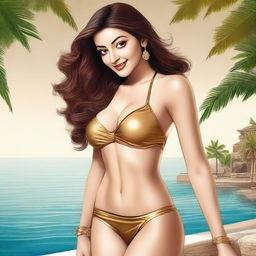 A detailed and glamorous illustration of Kajal Aggarwal wearing a golden bikini