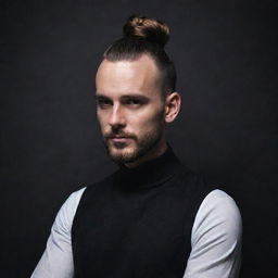 A man with a stylish bun hairstyle posed against a dark, dramatic background