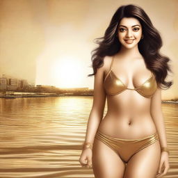 A realistic and glamorous illustration of Kajal Aggarwal wearing a golden bikini