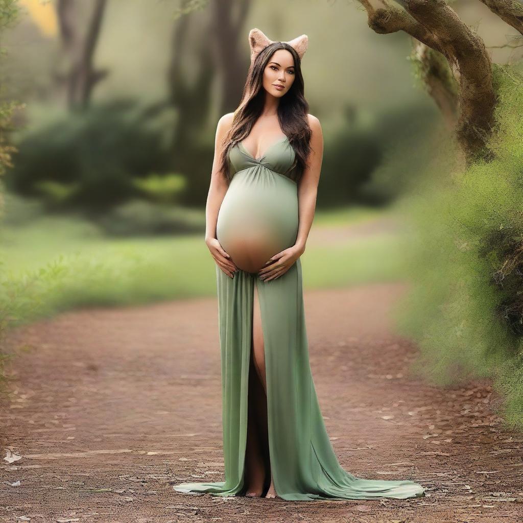 A pregnant Megan Fox wearing a long fox tail and fox ears