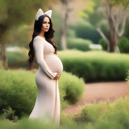 A pregnant Megan Fox wearing a long fox tail and fox ears