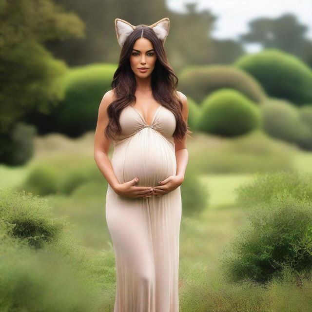 A pregnant Megan Fox wearing a long fox tail and fox ears