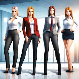 A group of characters from Dead or Alive, dressed in stylish and sexy business casual outfits