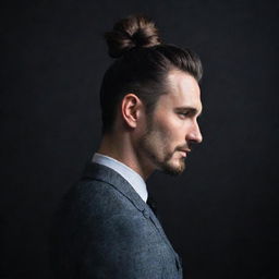 A man with a stylish bun hairstyle posed against a dark, dramatic background