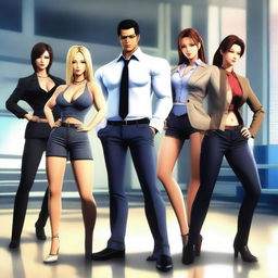 A group of characters from Dead or Alive, dressed in stylish and sexy business casual outfits