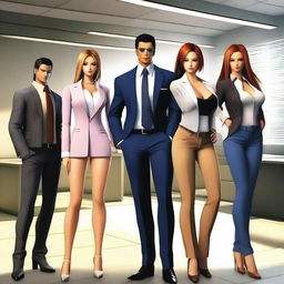 A group of characters from Dead or Alive, dressed in stylish and sexy business casual outfits