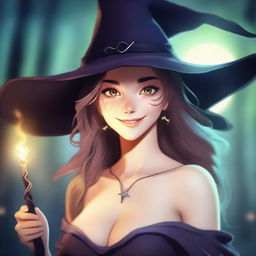 A young female human wizard with medium hair and bare shoulders, wearing a witch hat