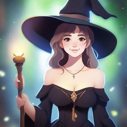 A young female human wizard with medium hair and bare shoulders, wearing a witch hat