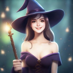 A young female human wizard with medium hair and bare shoulders, wearing a witch hat