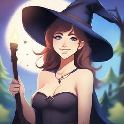 A young female human wizard with medium hair and bare shoulders, wearing a witch hat