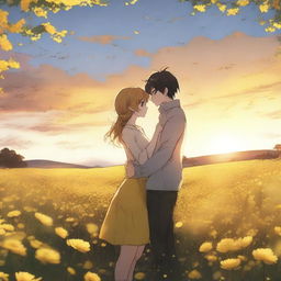 A realistic anime picture of a young couple standing in a field of yellow flowers, embracing each other lovingly