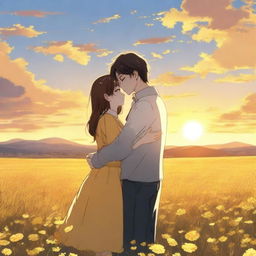 A realistic anime picture of a young couple standing in a field of yellow flowers, embracing each other lovingly