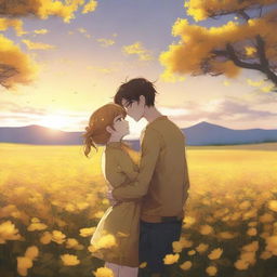 A realistic anime picture of a young couple standing in a field of yellow flowers, embracing each other lovingly