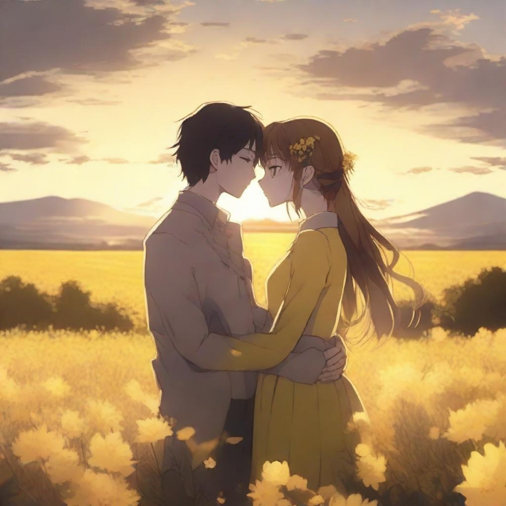 A realistic anime picture of a young couple standing in a field of yellow flowers, embracing each other lovingly