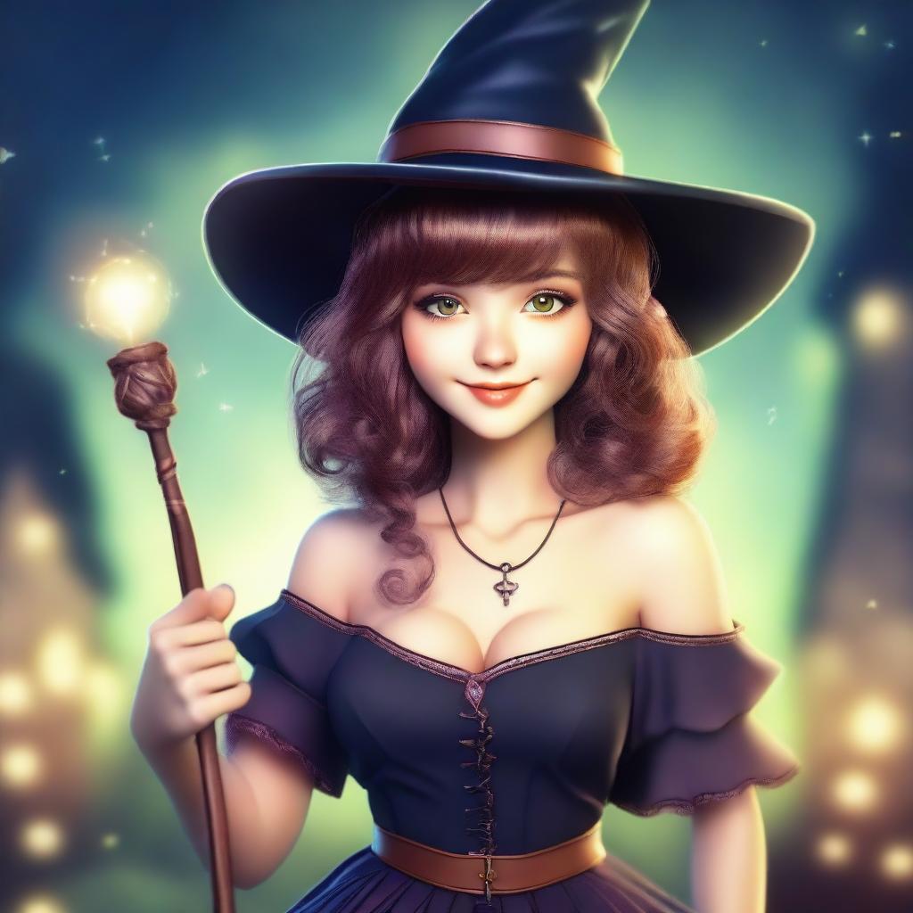 A young female human wizard with medium hair and bare shoulders, wearing a witch hat