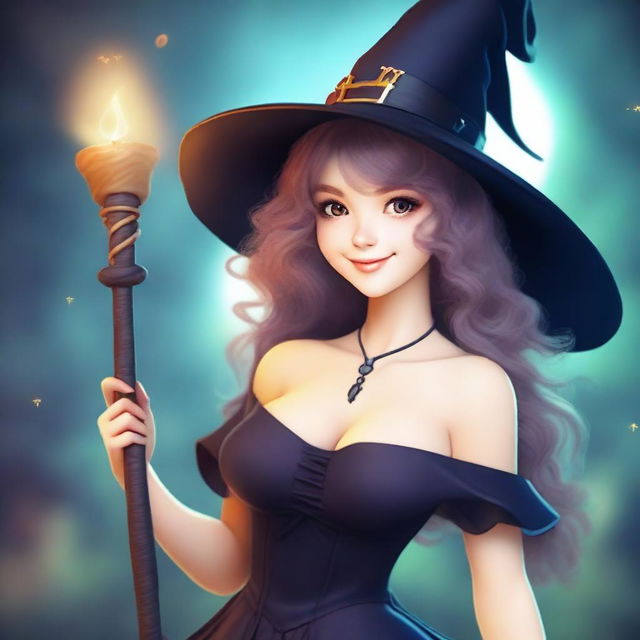 A young female human wizard with medium hair and bare shoulders, wearing a witch hat