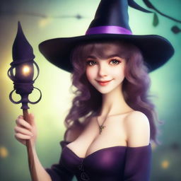 A young female human wizard with medium hair and bare shoulders, wearing a witch hat