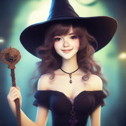 A young female human wizard with medium hair and bare shoulders, wearing a witch hat