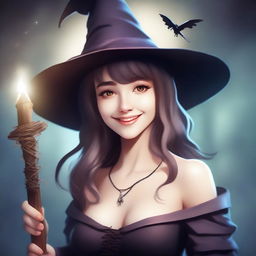 A young female human wizard with medium hair and bare shoulders, wearing a witch hat