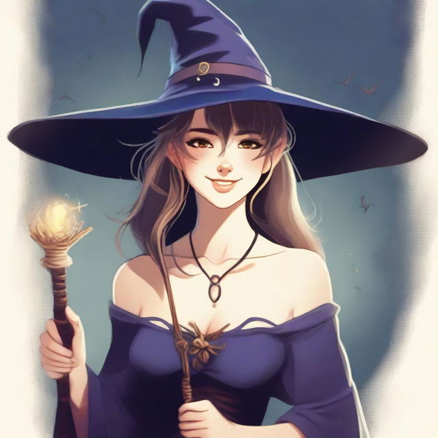 A young female human wizard with medium hair and bare shoulders, wearing a witch hat