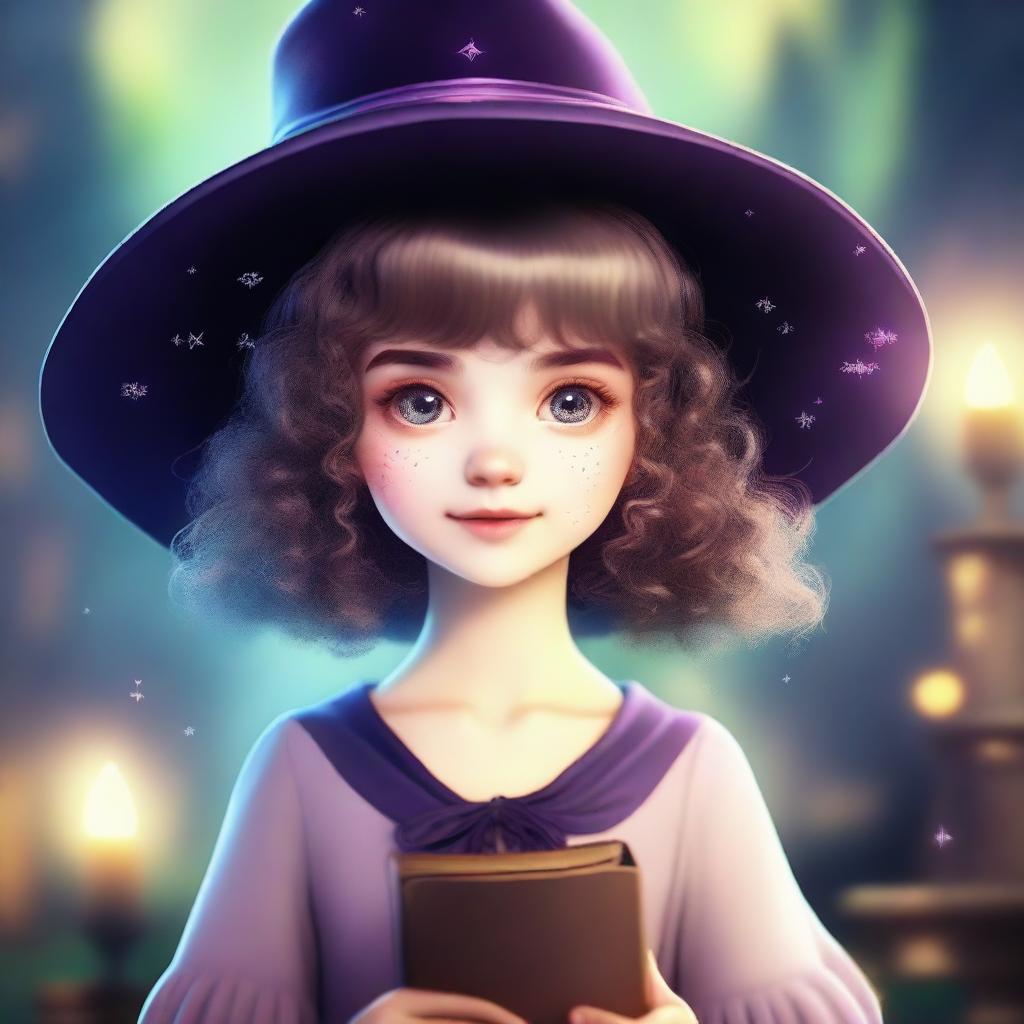 A young girl who is a human wizard, wearing a witch hat, looking at the viewer