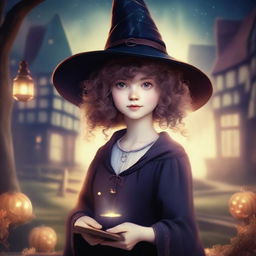 A young girl who is a human wizard, wearing a witch hat, looking at the viewer