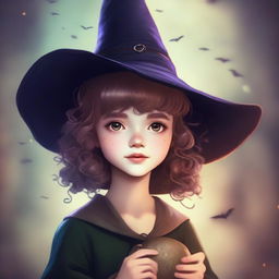 A young girl who is a human wizard, wearing a witch hat, looking at the viewer