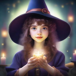 A young girl who is a human wizard, wearing a witch hat, looking at the viewer