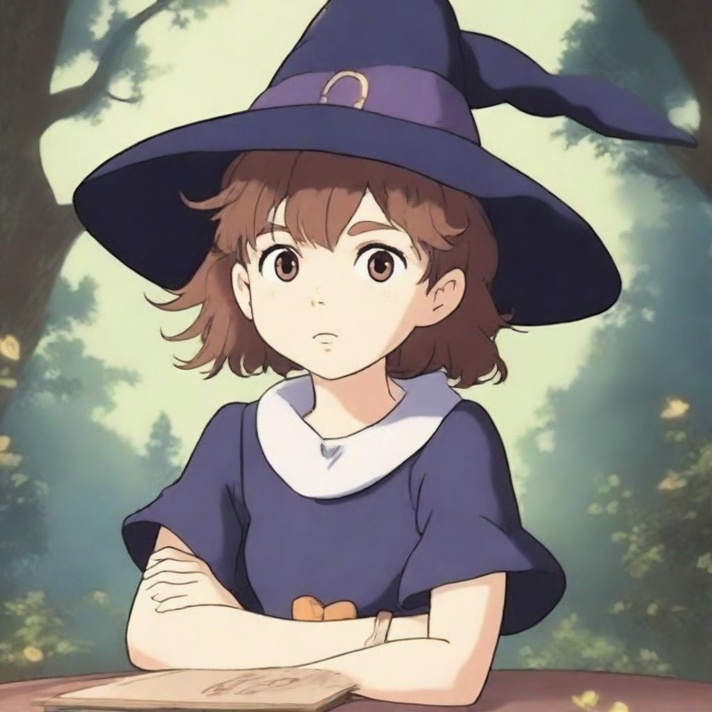 A young girl who is a human wizard, wearing a witch hat, looking at the viewer