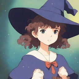 A young girl who is a human wizard, wearing a witch hat, looking at the viewer