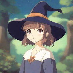 A young girl who is a human wizard, wearing a witch hat, looking at the viewer