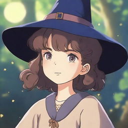 A young girl who is a human wizard, wearing a witch hat, looking at the viewer