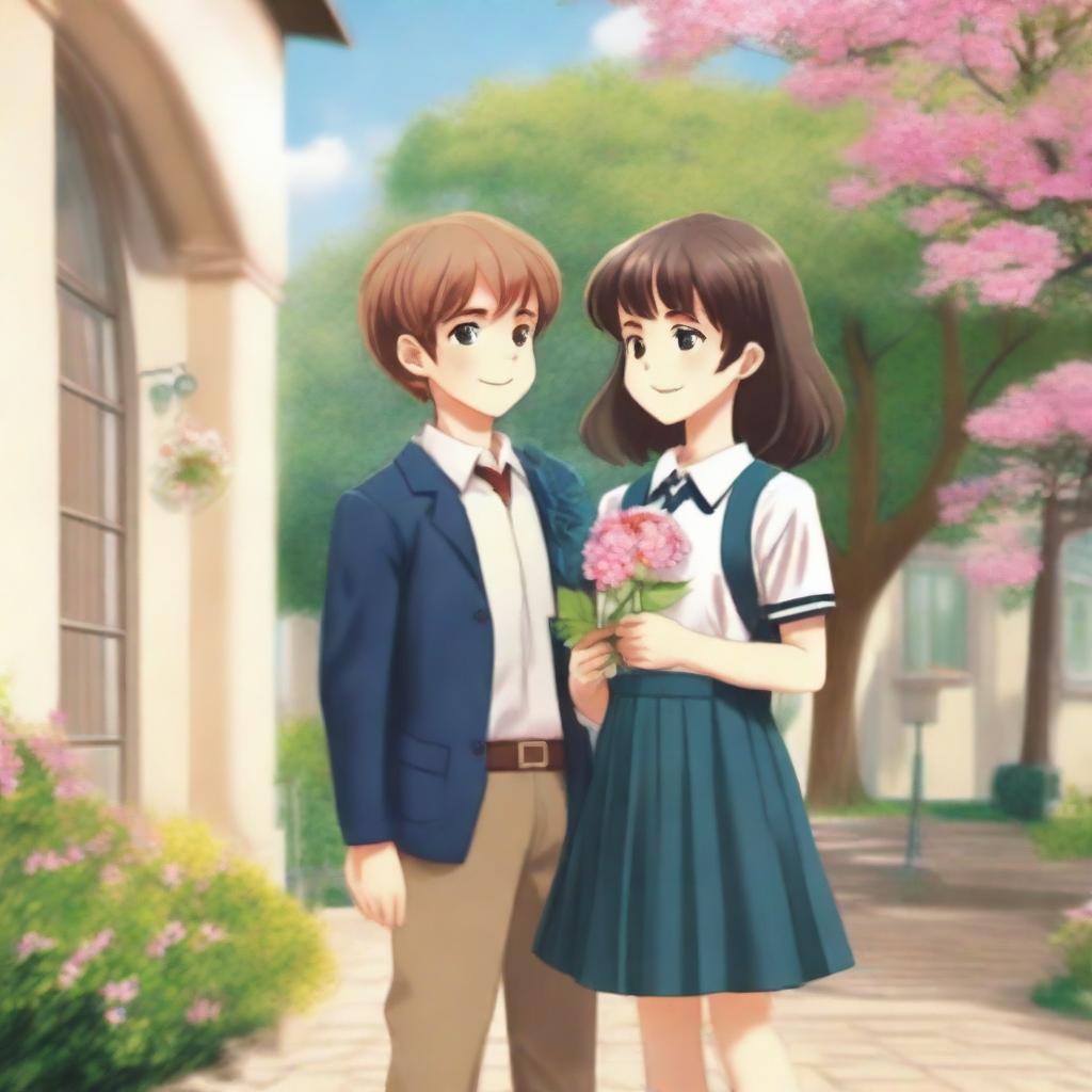 A heartwarming image for a school romance book cover featuring a young boy offering a flower to a girl