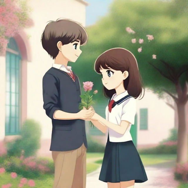 A heartwarming image for a school romance book cover featuring a young boy offering a flower to a girl