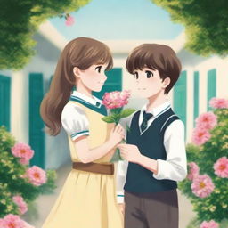 A heartwarming image for a school romance book cover featuring a young boy offering a flower to a girl