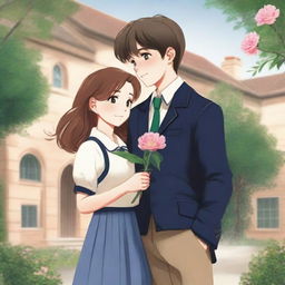 A heartwarming image for a school romance book cover featuring a young boy offering a flower to a girl