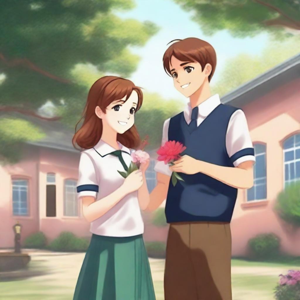 A digital art image for a school romance book cover featuring a young boy offering a flower to a girl