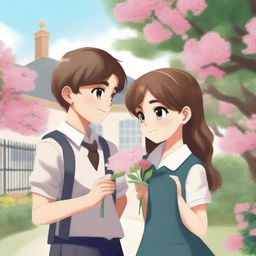 A digital art image for a school romance book cover featuring a young boy offering a flower to a girl